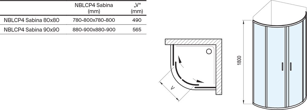 Cabine de douche en quart de cercle, rabaissée Blix II NBLCP4 Sabina
