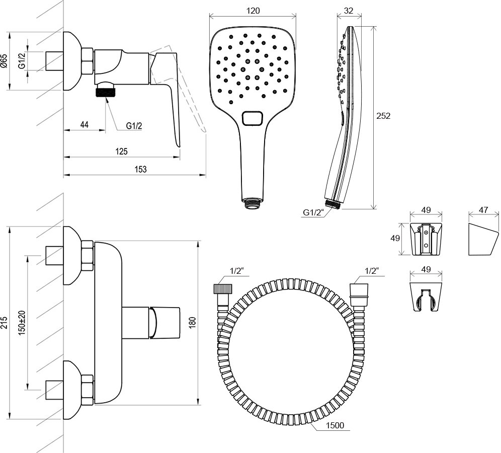 Mitigeur mural de douche Classic CL 032 avec set de douche
